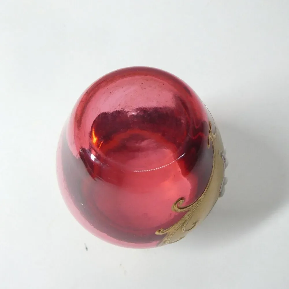 Cranberry Glass Vase Gold Flowers Bohemian Czech Vintage 3.5